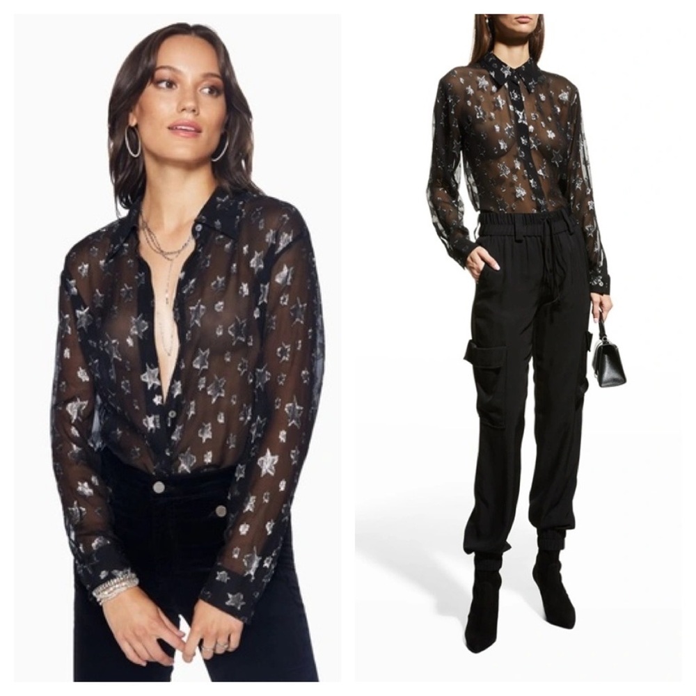 Ramy Brook Tiffany Metallic Star Button-Front Shirt in Black Silk Size Medium